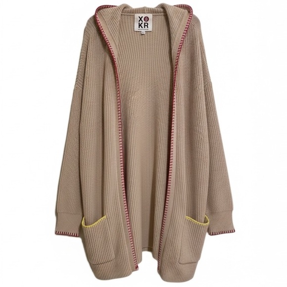 NWT Kerri Rosenthal Long Open Front Cream Cardigan Smiley Face XL - Picture 2 of 15